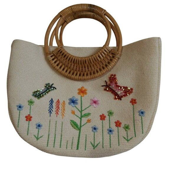 Handmade Embroidered Canvas Tote Bag With Bamboo Handles & Colorful Flower & But - Picture 1 of 9